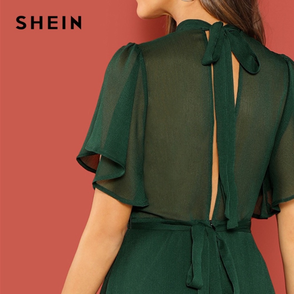 Split Back Flutter Sleeve Chiffon Dress emerald